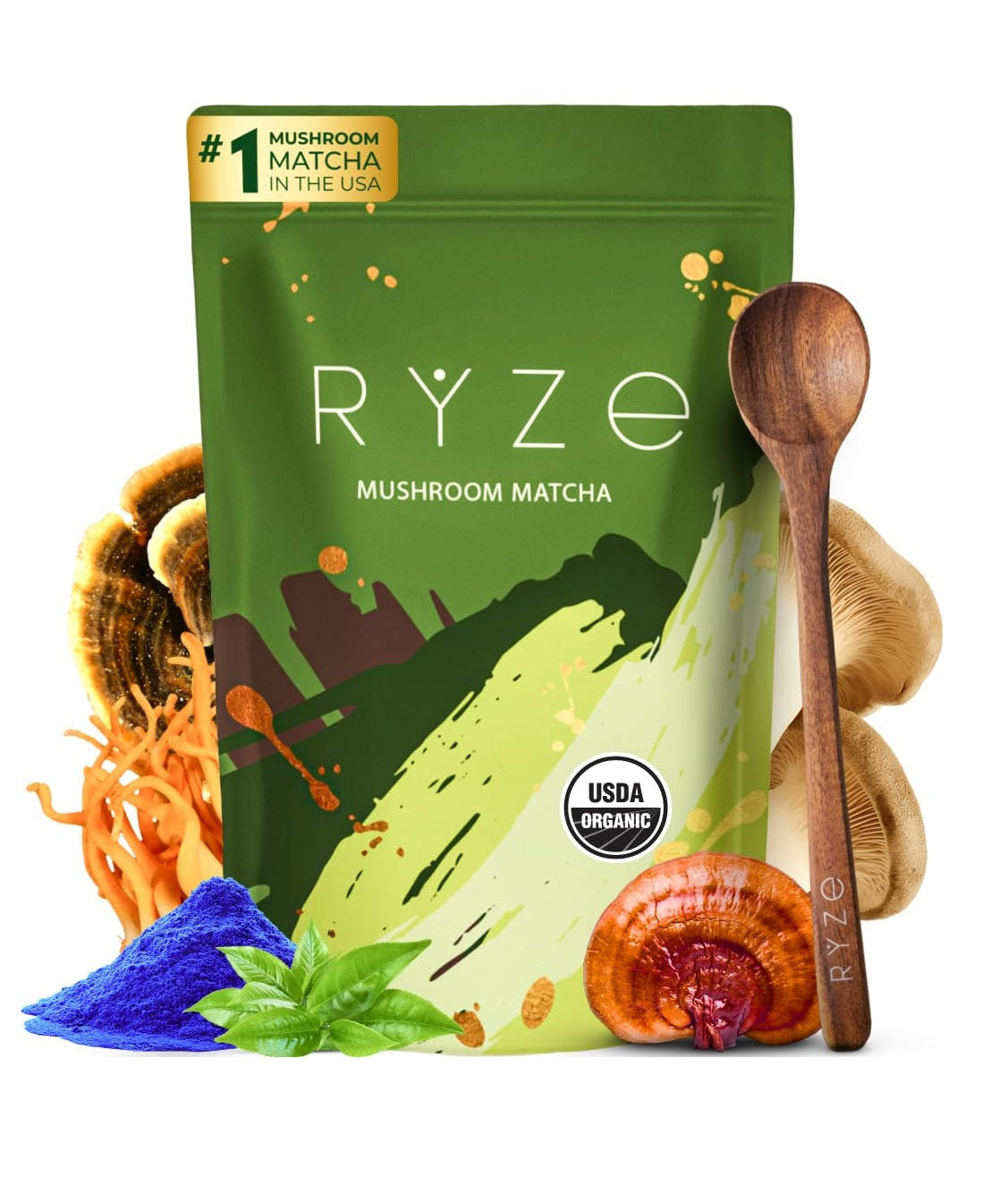 RYZE SUPERFOODS Mushroom Matcha Starter Kit, USDA Organic with 6 Adaptogenic Mushrooms and Ceremonial-Grade Matcha, Energy, Focus, Digestion, Immunity with Turkey Tail, Shiitake, Reishi, 30 Serv